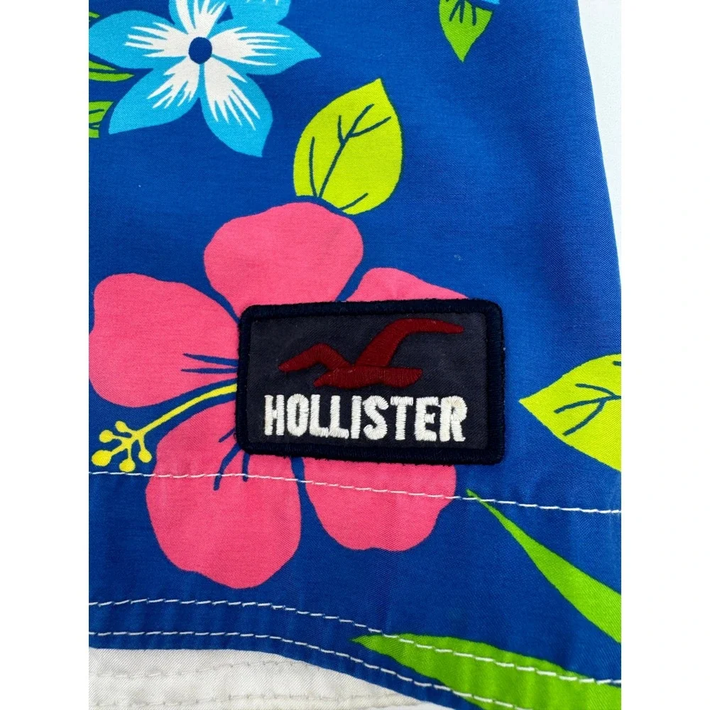 Hollister Board Shorts Men Large Blue Pink Hibiscus Floral Surf Beach Swim Trunk